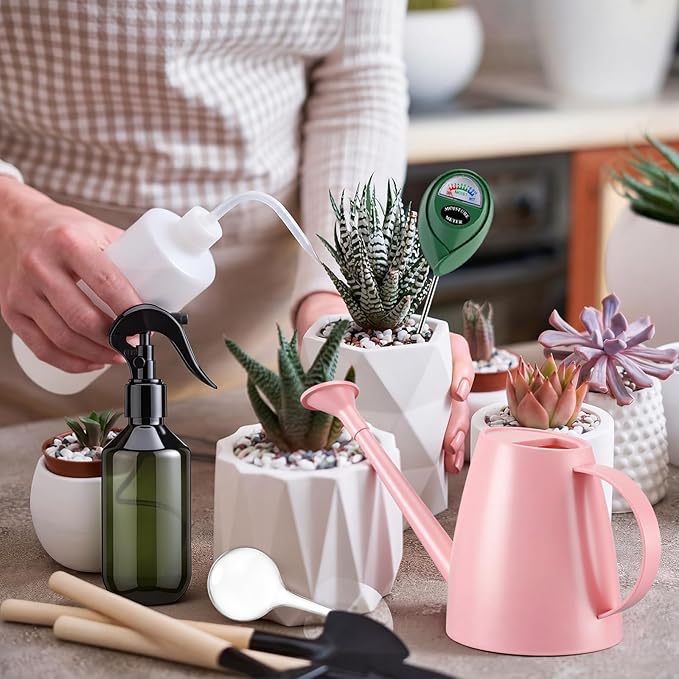 Reallnaive 6 Pcs Indoor Watering Can Set 1/2 Gallon Can 6.8 oz Spray Bottle 17 oz Squeeze Bottle Plant Watering Globes Soil Moisture Meter Small Spraying Set for Indoor Outdoor Plants(Pink)