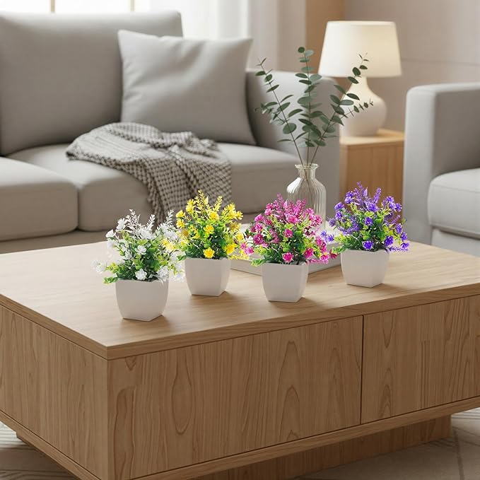 CEWOR Fake Flowers 4 Packs Faux Potted Flower Lavender with Eucalyptus Flowers Small Decorations for Spring Desk Bathroom Office Home Room Table Decor Indoor Outdoor
