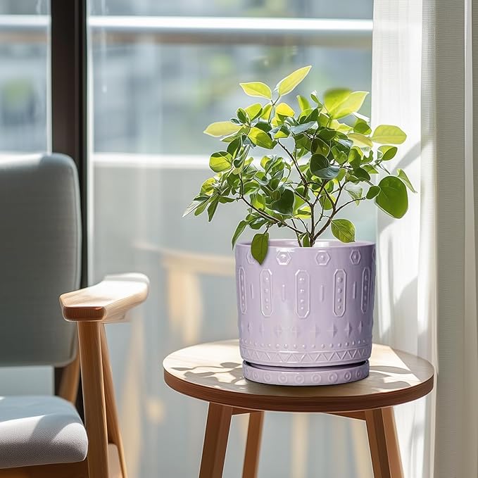 Eightpot Ceramic Flower Pots, 8 Inch Plant Pots Indoor Outdoor, Round Planter with Drainage Hole and Tray, Boho Planter, Decorative Pot for Plants, Apartment Decor, House Warming Gifts, Purple