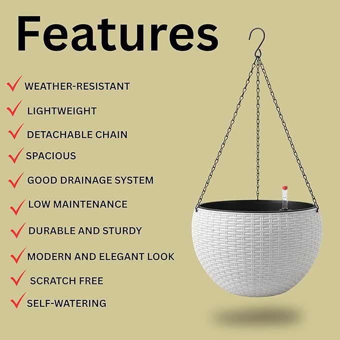 LaLaGreen Hanging Planters for Indoor Plants (11 Inch, 4 Pack) White Rattan Style Self-Watering Hanging Flower Pots with Water Level Indicator, Round Baskets Metal Chain for Balcony Patio Garden Decor