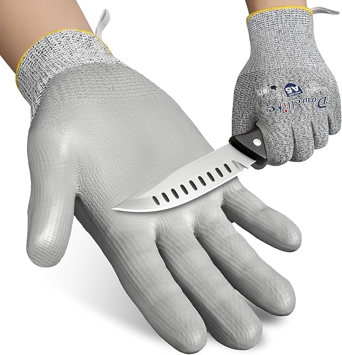 Dowellife Cut Resistant Work Gloves for Men & Women - ANSI A5 & EN388 Level 4, Breathable PU Coated, Grey Non-Marking - for Gardening, Fishing, Automotive, Construction, Wood Carving (Small, Grey)