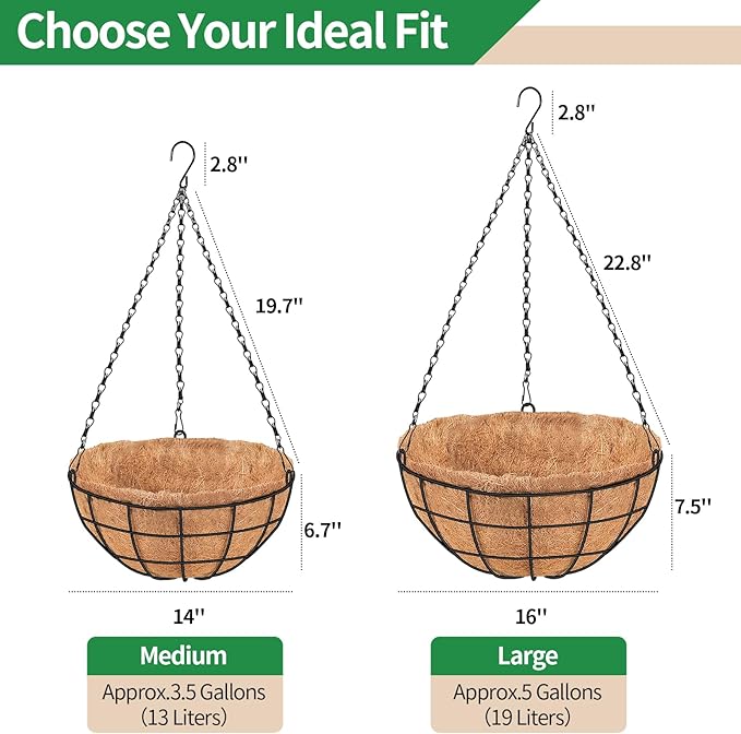 14 Inch Hanging Baskets for Plants Outdoor, 4 Pack Metal Round Wire Hanging Planters with Natural Thick Coco Liners, Garden Patio Decor for Flowers, Herbs, Succulents