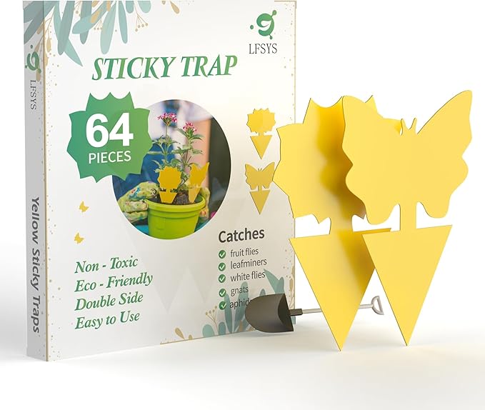 LFSYS 64 Pcs Sticky Traps for gnat, Yellow Sticky Fruit Fly Traps for Indoors Plants, Indoor Safe for Gnat, Fruit Fly, White Fly, Aphid, Leaf Miner