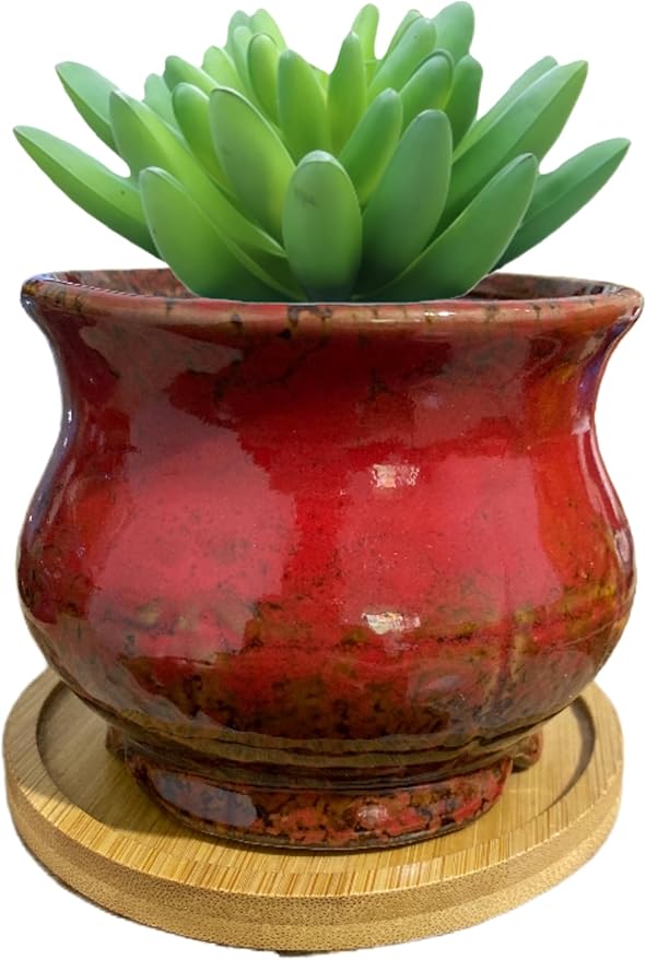 Cute Circular Ceramic Home Garden Decoration Succulent Cactus Flower Pots Container with Bamboo Tray -Plant Not Included (Red, 3.94 Inch)