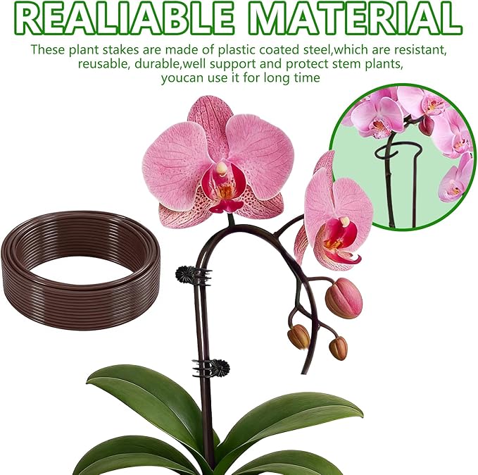 32ft Plant Support Stakes with 50 Pcs Plant Clips and 800 Ties, Plant Sticks for Indoor and Outdoor Plants, Orchid Clips and Stakes, Tall Bendable & Cuttable Single Stem Flower Stakes (Brown, 65ft)