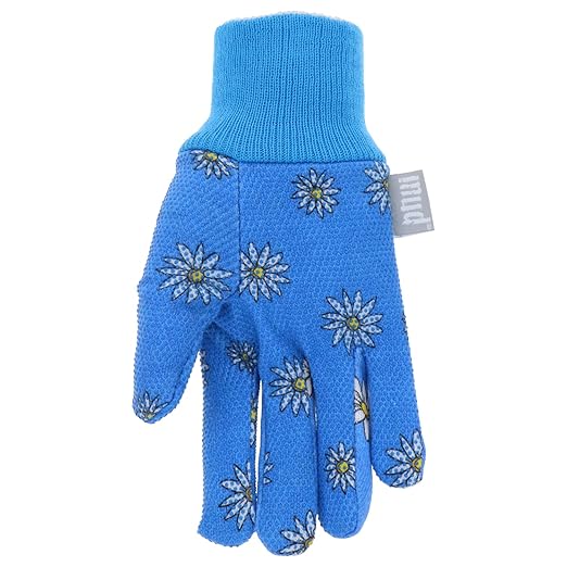 MUD Basic Women's PVC Dotted Palm And Daisy Printed Jersey Garden Glove, Extreme Comfort, Excellent Grip, Durable Wear, Blue, Medium/Large (M61001B-WML),MD61001B-WML (Pack of 3)