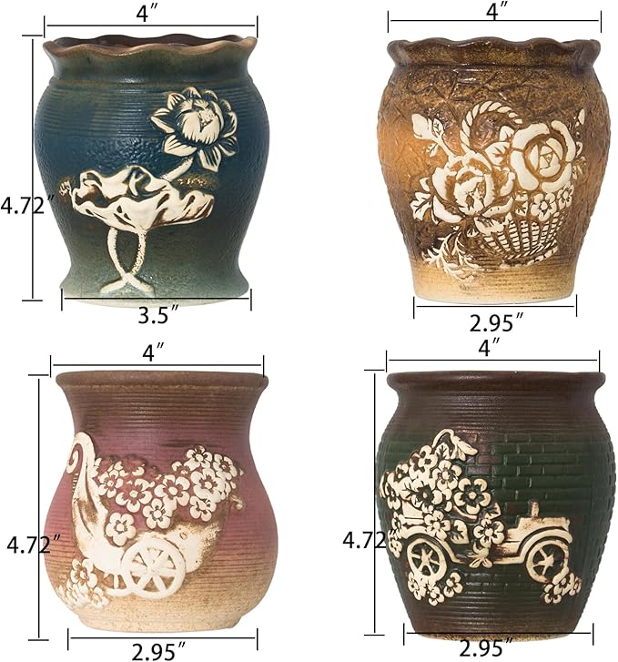 ARTKETTY 4 Inch Ceramic Plant Pots with Drainage Hole Set of 4, Vintage Flower Pots with Bamboo Trays Small Planters for Indoor Cactus, Herbs and Succulent Plants Decorative Garden Home