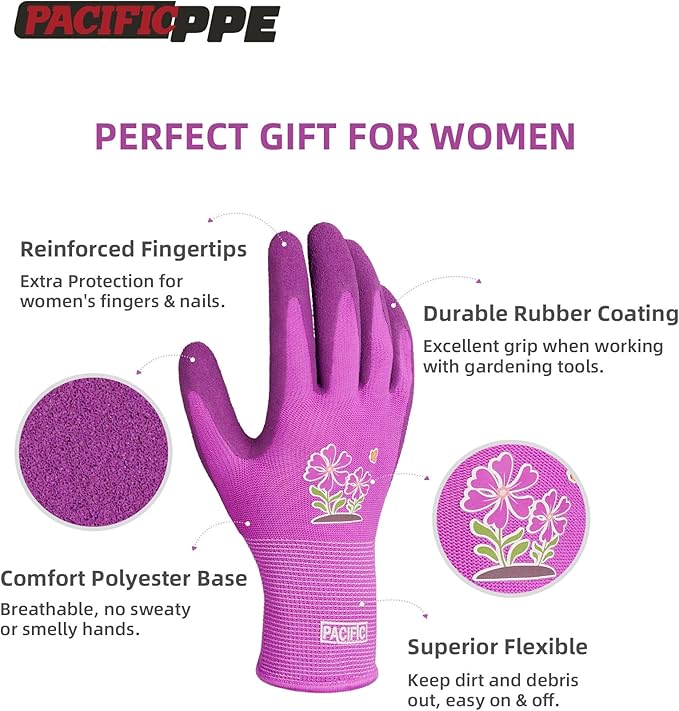 PACIFIC PPE 2 Pairs Gardening Gloves for women and Ladies, Rubber Coated Garden Gloves, Outdoor Protective Work Gloves, Small, Pruple & Red
