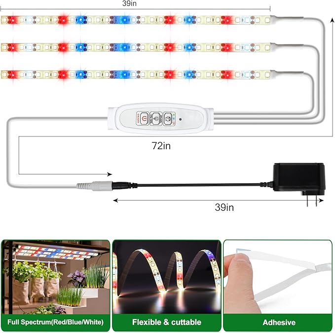 LED Grow Light Strips for Indoor Plants, 3 Head Each 10ft 120LED Red Blue White Full Spectrum Plant Grow Light Tape with 3 Timers Dimmable Auto On/Off, 24W Plug in Plant Light for Seedling Shelf