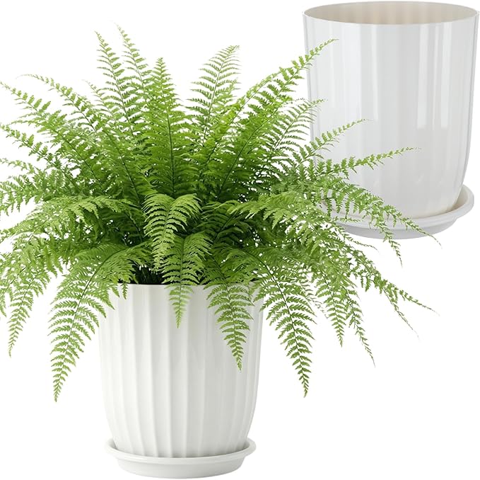 Briwooody 2 Pcs Tall Planter 15" Large Round Plastic Plant Pots with Drainage Hole and Tray White Modern Planter for Indoor Outdoor Plants Home Office Kitchen Bedroom Living Room Porch Patio Decor