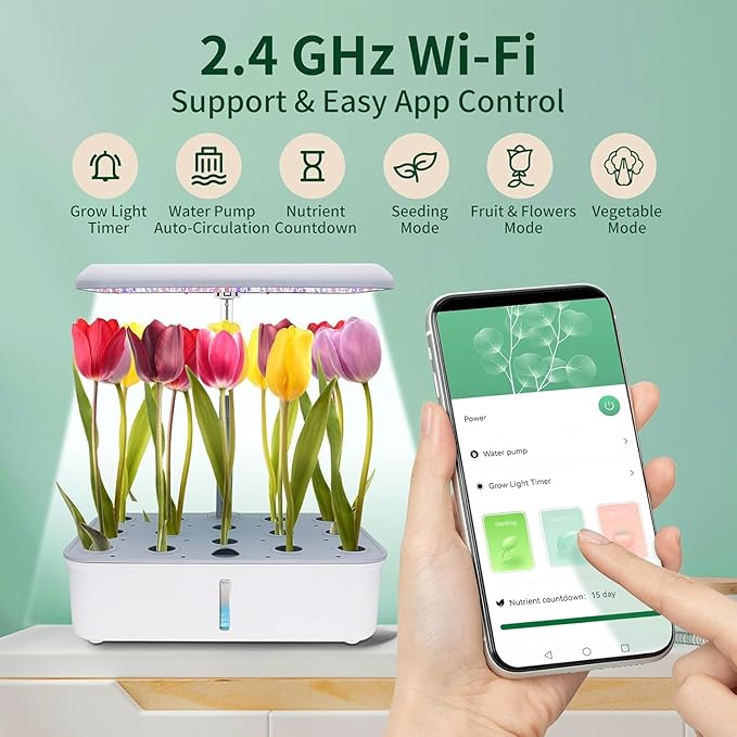 Hydroponics Growing System Kit with LED Grow Light, Indoor Gardening System with 14 Pods, WiFi Indoor Herb Garden, Herb Garden Kit Indoor, Adjustable Height Up to 16.5", Auto Pump, 5L Water Tank