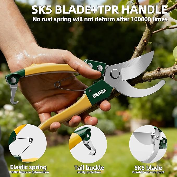 8" Bypass Pruning Shears, Pruning Shears for Gardening with Anti-Rust SK-5 Blades, Garden Clippers with Non-Slip Handle for Dry Stems and Small Branches