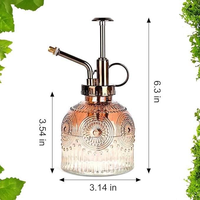 Glass Plant Mister Spray Bottle, 230ML Vintage Plant Spritzer, Succulent Watering Bottle Glass with Top Pump, Small Plants Sprayer Watering Can for Indoor Outdoor House(Brown White)