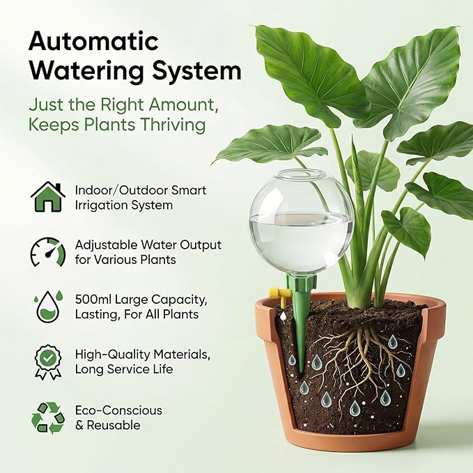 4-Pack Self Watering Globes with Covers – Automatic Plant Watering Bulbs, Slow-Release Irrigation Spikes for Indoor/Outdoor Potted Plants, Vacation Watering System, Top-Fill, Fits Most Pots