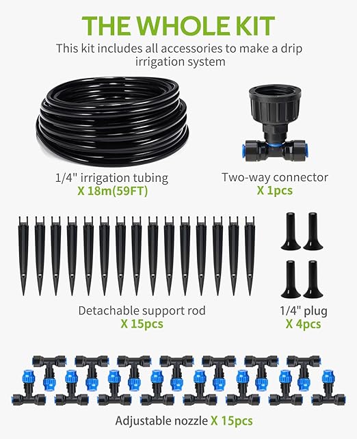 HIRALIY 59FT Greenhouse Misting Drip Irrigation Kit, Quick Connector Design, Irrigation System with 1/4" Tubing and Adjustable Nozzles for Hanging Plants, Garden Watering System for Raised Bed