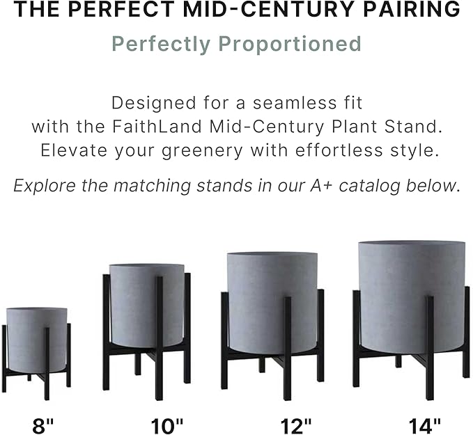FaithLand 14 Inch Fiberstone Planter - Lightweight Modern Cylinder Plant Pot with Drainage Hole & Plug, Authentic Concrete Look, Gray