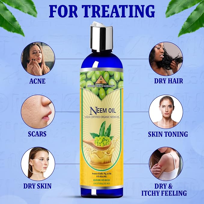 Ancient Health Remedies Cold-Pressed Unrefined USDA Certified Organic Neem Oil Pure & All Natural-Excellent Bulk Carrier Oil For Anti-aging, Healthy Hair & Skin (INDIA) (8 oz)