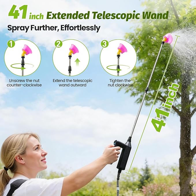 Battery Powered Backpack Sprayer 3.2Gallon, Electric Sprayer with 3-Adjustable Sprayings, Battery Indicator, 5 Nozzles, 41" Retractable Wand, Rechargeable Garden Sprayer for Weed, Lawn&Yard