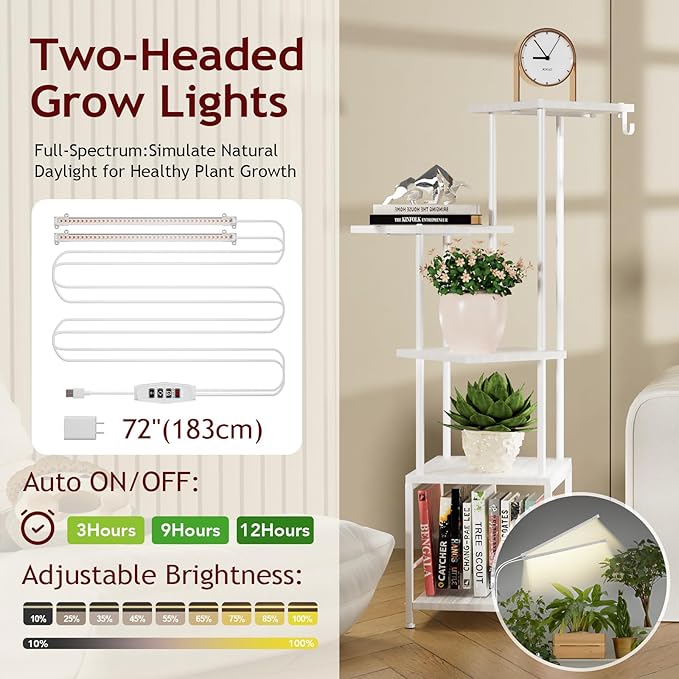 Homsorout Plant Stand Indoor with Grow Light, 5-Tiered Tall Plant Stand Indoor, Metal Plant Shelf with Hanging Basket Hook and Adjustable Light, Ideal for Living Room, Garden, Patio white