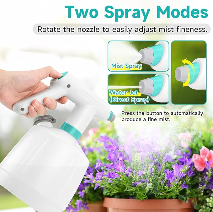 SANLIKE Electric Spray Bottle 2L Pump Sprayer Plant Mister, Automatic Watering Can Rechargeable Battery Powered Pressure Bottle with Adjustable Spout 2 Spray Types for Garden, Fertilizing, Cleaning