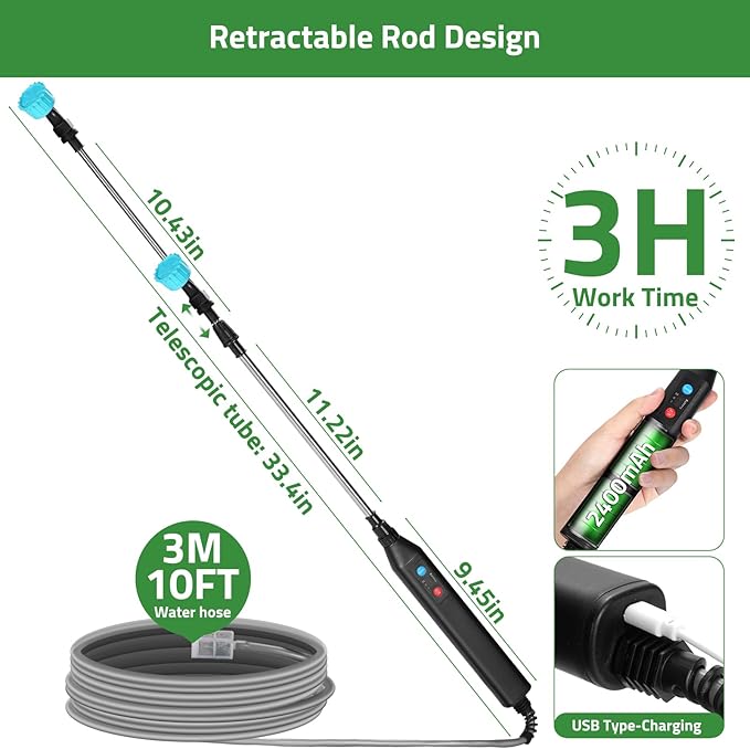 DOUBFIVSY Battery Powered 33" Garden Sprayer Wand, 3 Adjustable Speeds, 4 Mist Nozzles, 10 FT Hose, Black, ABS Handle, Stainless Steel Tube, Lawn & Garden Sprayer