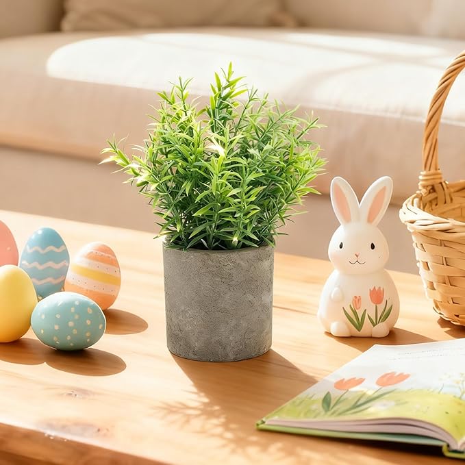 AUUGUU Artificial Potted Plants Faux Greenery in Cement Pots for Shelf, Bookshelf, Office or Home Decor, Small Decorative Fake Plants for Modern Indoor Display