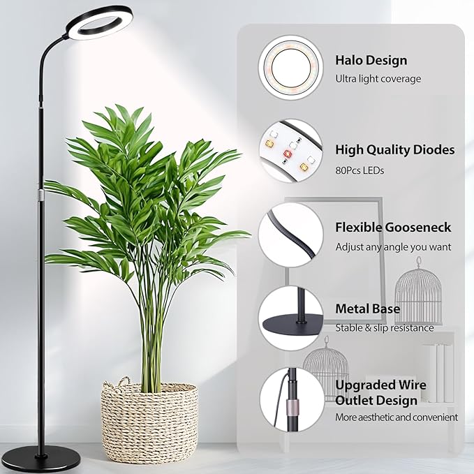 Floor Grow Lights for Indoor Plants, Full Spectrum Plant Light with 68" Stand for Growing Large Tall Plants, Black Halo Grow Lamp with 3/9/12H Timer, 3 Light Modes, 10 Dimming