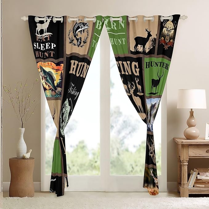 Feelyou Big Pike Fish Window Drapes Deer Curtains for Kids Teens Boys Hunt Blackout Curtain Antlers Fishing Rod Window Treatments 42W X 63L, 2 Panels