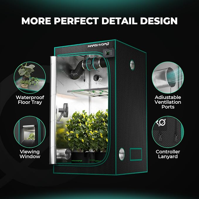 MARS HYDRO 2x2x4 Advanced Grow Tent, 24"x24"x48" High Reflective Mylar 1680D for Hydroponics Indoor Plant Growing, with Floor Tray and Smooth Zipper for TS600