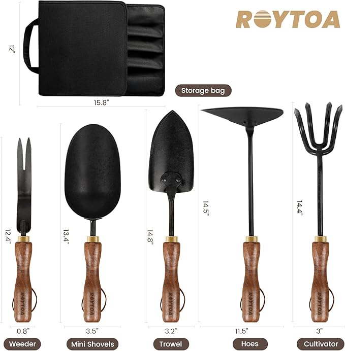 ROYTOA Garden Tool Set, 5PCS Gardening Tools, Stainless Steel Heavy Duty Hand Cultivator, Hoes, Shovel, Trowel and Weeder with Ergonomic Walnut Handle, Gardening Gifts for Women