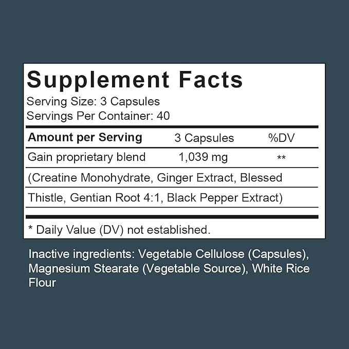 Gain - Appetite Booster Pills for Adults – Natural Appetite Stimulant & Weight Gain Support Supplement with Ginger Extract, Blessed Thistle, Gentian Root & Creatine – 120 Capsules