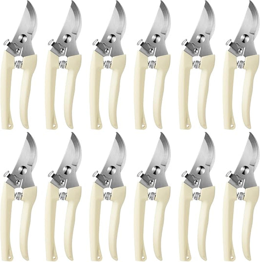 Therwen 12 Pcs Garden Shears Flower Scissors Pruning Shears Floral Garden Clippers Hand Pruners Branch Cutter Gardening Tools for Plants Cutting, Trimming, Fruits Picking (Beige,Bypass)