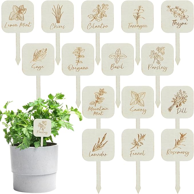 Leinuosen 30 Pcs Wooden Plant Labels Herb Markers Garden Labels with Printed Herb Name Herb Tags Wood Garden Stakes for Indoor and Outdoor Potted Seed Herbs