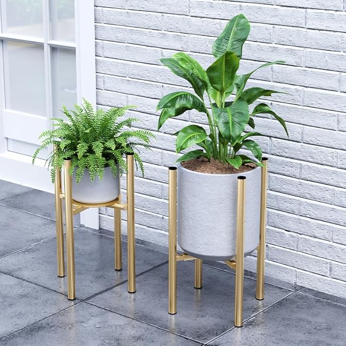 Plant Stand Indoor for 2 Height Options ,Mid Century Modern Outdoor Planter Holder,Corner plant stand Capacity of 160LB for 8 to 14 Inch Pots Golden with Round Plate 2 Pack