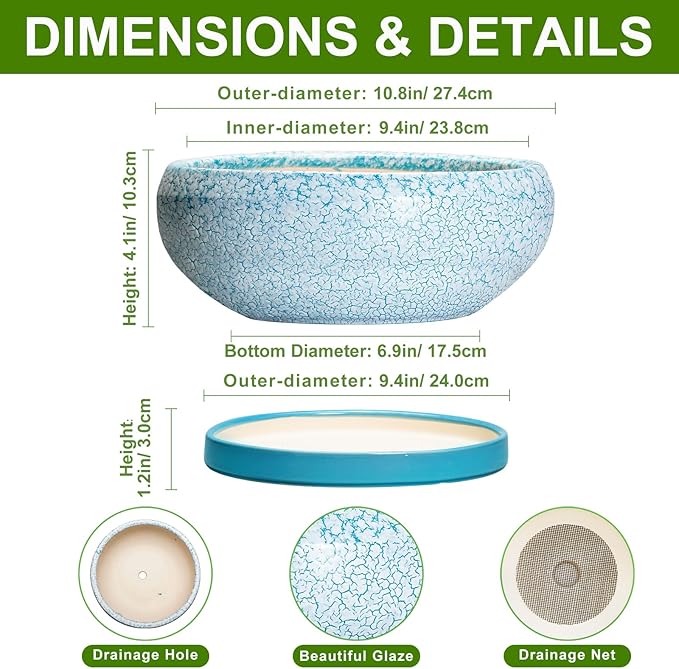 Bonsai Pots 10 Inch - Shallow Ceramic Planters for Indoor Outdoor, Succulent Pots with Drainage Hole and Saucer, Round Planter Bowl, Succulent Planter, Garden Decor, Housewarming Gifts, Blue