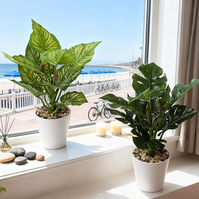 2PCS 12.2" Tall Artificial Monstera Plants for Office, Fake Plants Artificial Potted Plant Bathroom Decor Indoor Faux Tropical Plant Realistic Artificials for Home Office Table Bathroom Shelf Desktop