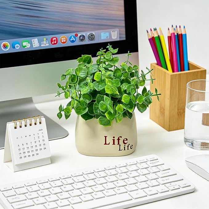 Small Fake Plant in Pot, 7" Artificial Plant Indoor, Fake Eucalyptus Stems with Ceramic Vase, Faux Greenery Eucalyptus Bathroom Decor for House Office Desk