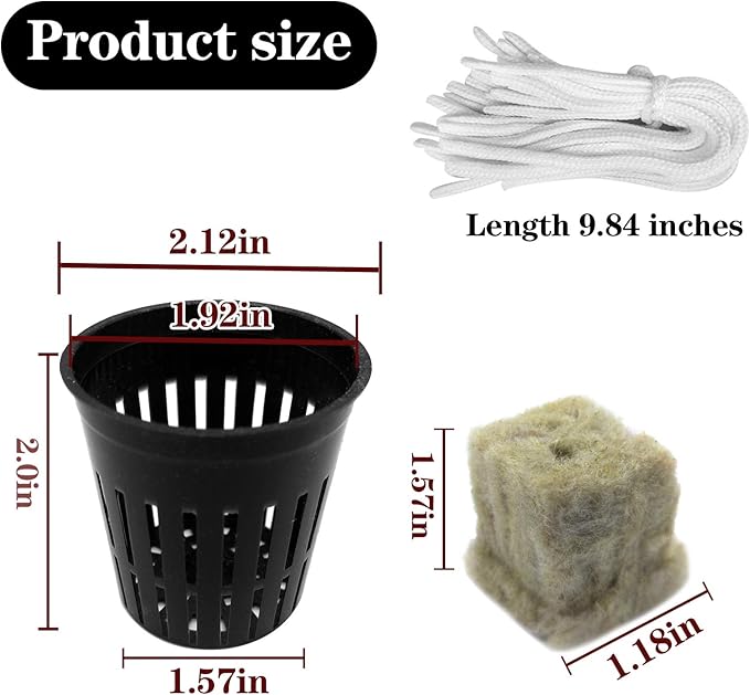 Iceyyyy 76Pcs Hydroponics Mesh Net Cup Kit - 20 Packs 2 Inches Slotted Mesh Net Pot Cups, 36Packs 1.5x1.5x1.5Inch Stonewool Starter Plugs, 20 Article Self Watering Cotton Wick Cord for Hydroponics