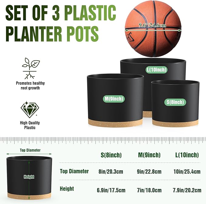 10/9/8 Inch Large Plant Pots with Drainage Holes and Trays, 3 Pack Modern Minimalist Cylinder Planters for Monstera, Snake Plant, Indoor Outdoor (Matte Black & Brown)