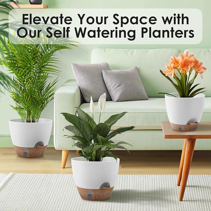 QRRICA Self-Watering Plant Pots with Water Level Indicator, Drainage Holes & Saucers – 12/10/9 Inch Large Plastic Planter Set for Indoor & Outdoor Plants (White)