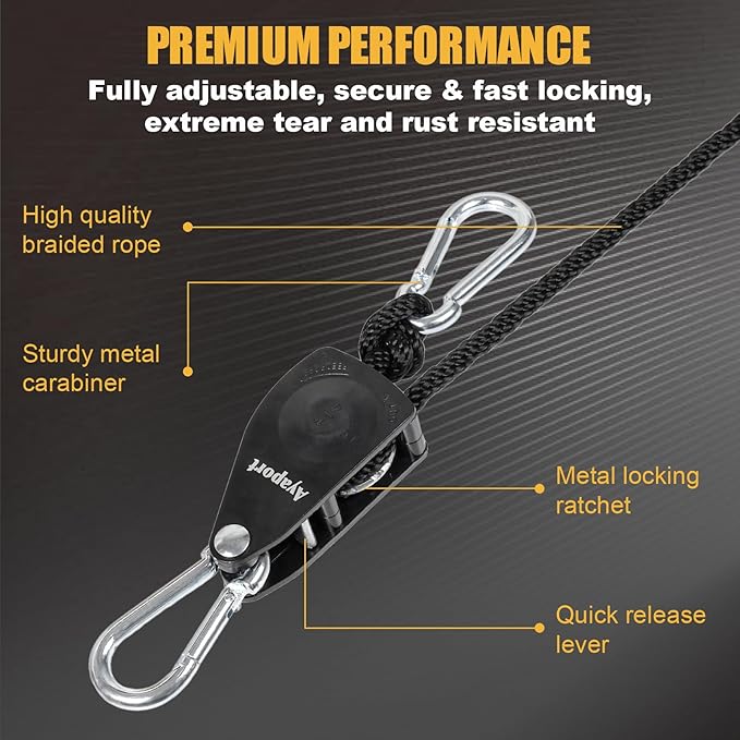 Ayaport Adjustable Rope Hanger Grow Light Hanger, 1/4 Heavy Duty Plant Pulley Rope Tightener Ratchet Tie Down for Kayak, Tarp, Tent Tie Downs, Hanging Plants, Filters, Fans