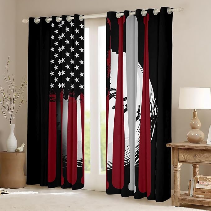 Feelyou Boys Baseball Curtains America Flag Baseball Window Curtains Bedroom Living Room Kids Room Decor Boys Baseball Bat Window Drapes Cool Sports Game Window Treatments 52W X 63L，2 Panels