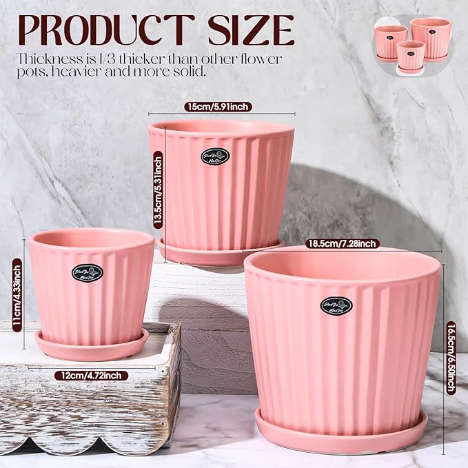 3 Pcs Ceramic Plant Pots 7.3/6/4.7 Inch Ceramic Flower Pot with Drainage Hole and Saucer Decorative Planter Indoor Outdoor for Gardening Home Desktop Office Windowsill Decoration Gift(Pink)