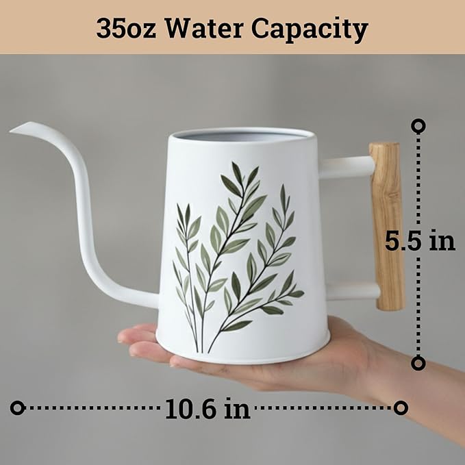 35 oz Metal Small Indoor Watering Can with Long Spout & Real Wood Handle for House Plants, Succulents, Cacti & Seedlings - White Long Spout Watering Can Indoor Plants - Stylish, Gentle Flow, No Spills