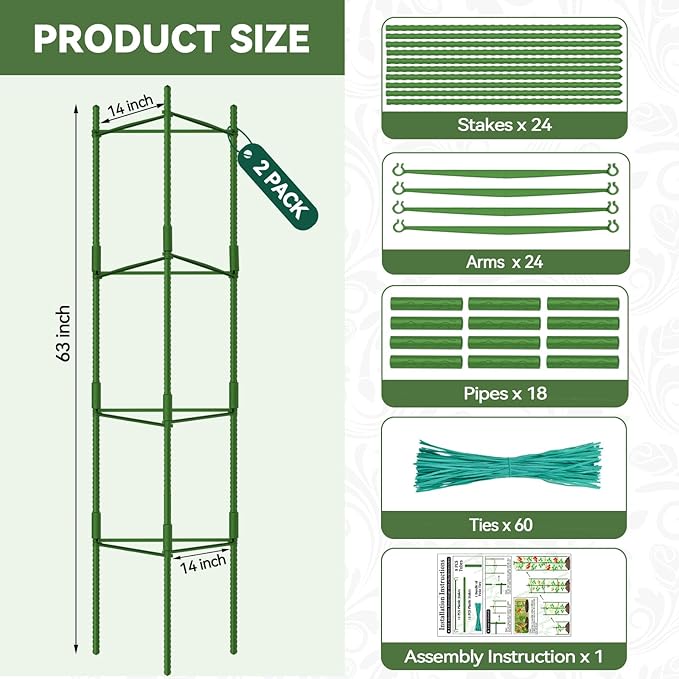 Halatool 2 Pack Tomato Cages for Garden, Up to 63 inch(5.2FT) Adjustable Tall Tomato Cage,Garden Stakes Tomato Trellis for Pots,Tomato Plant Support for Raised Garden Bed &Vegetables Flowers(Green)
