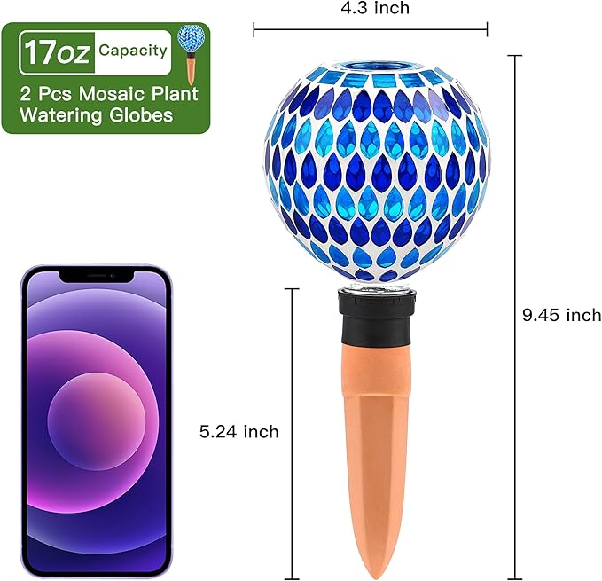 VOREEN Blue Mosaic Self Watering Globes 2 Pack, 500ml Handmade Glass Terracotta Plant Spikes, Automatic Self Watering Devices for Indoor Outdoor Pots, Decorative Water Saver Gift for Garden Lovers