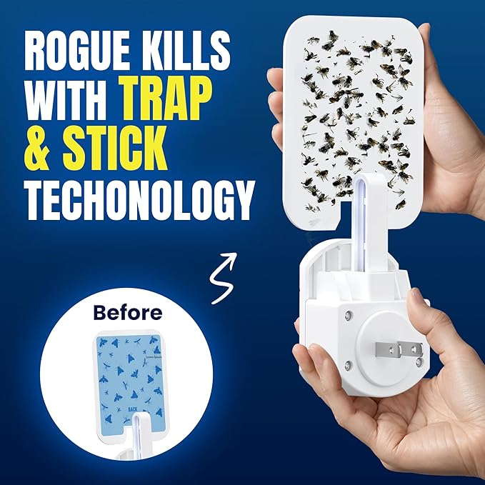 Bell+Howell Rogue Sticky Fly Insect Trap Indoor with 3 Cartridge Replacements, Home Plug in Bug Catcher Indoor UV Light Bug Trap for Flies, Fruit Flies, Gnats and More, Safe for Pets & Kids