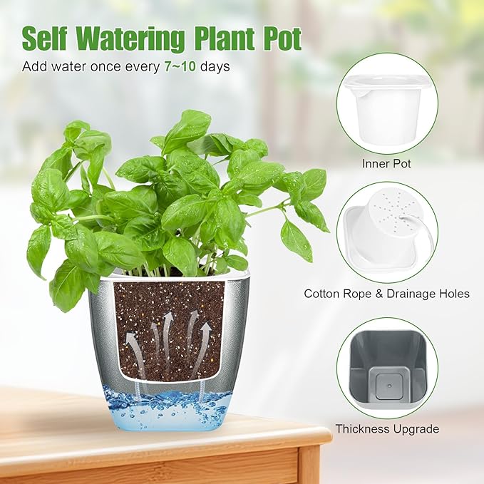 Oliz 8 Pack 4-inch Plant Pots Indoor Garden Decorative Flower pots Small Self-Watering Planters for Small Plants WindowSill Planters for Succulents, African Violets, Herbs(Sliver Black)