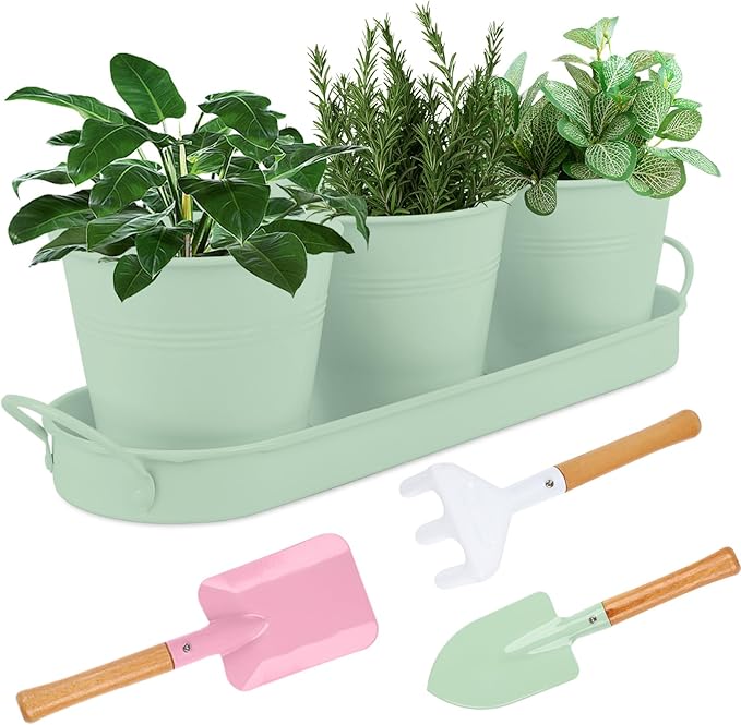 Indoor Herb Garden Set of 3 with Tray and 3 Types of Gardening Tools, Metal Plant Pots Herb Garden Planter Kit with Drainage for Plants (Green)