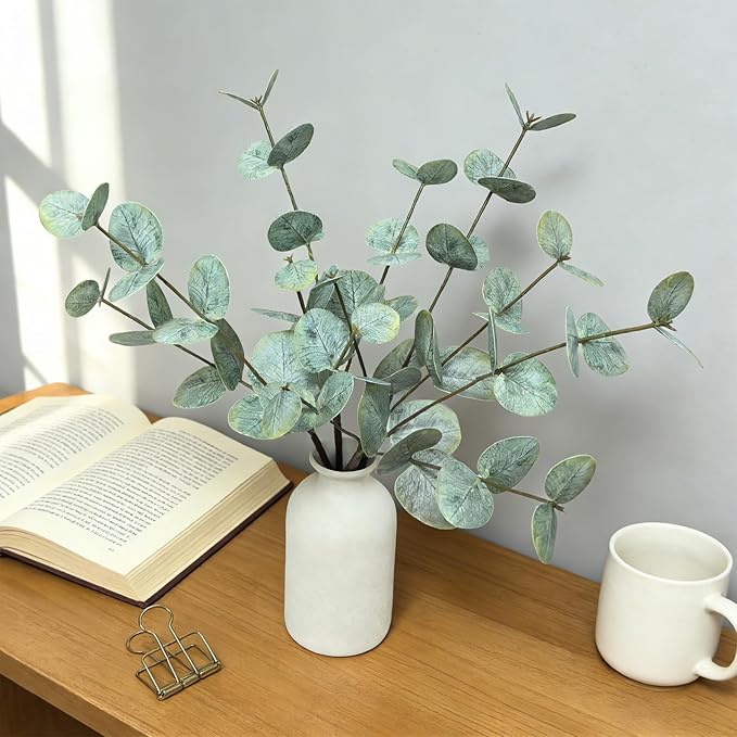 4PCS Artificial Eucalyptus Stems in Ceramic Pot, 15" Fake Plant Green Artificial Plant Indoor Faux Greenery Eucalyptus Bathroom Decor for House Office Desk